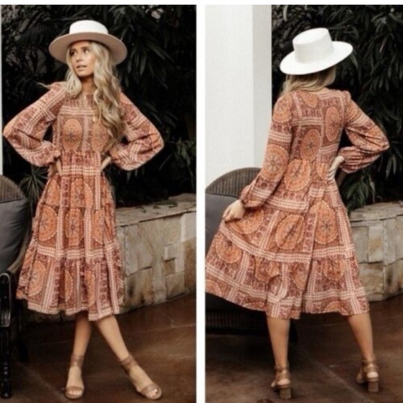 Bohme Kinsley Printed Smocked Tiered Long Sleeve Boho Midi Dress Women's Small - Picture 1 of 16
